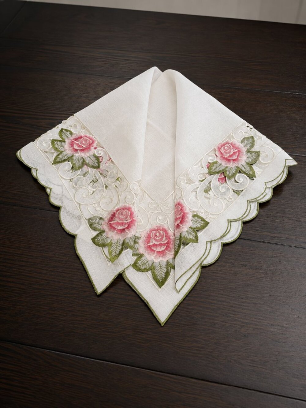VTG Embroidered Rose Tablecloth Centerpiece Scalloped Floral Linen 33" square